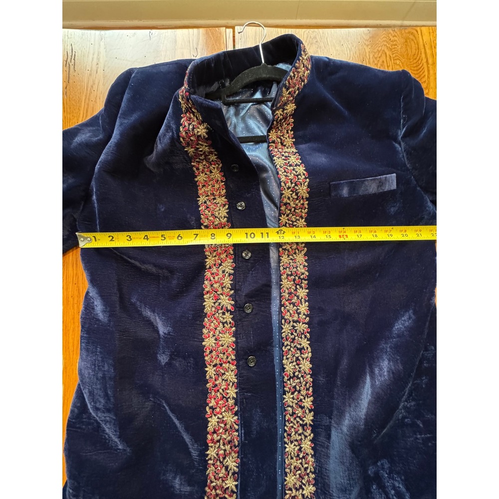 Men's Royal Navy Blue Velvet Sherwani / Indo-Western Achkan Wedding Groomwear - Picture 5 of 7